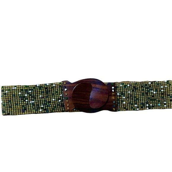 Vintage Beaded Elastic Belt with Wooden Interlocking Buckle S - Picture 2 of 8